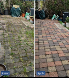 Photo de galerie - Réalisation d’un nettoyage complet d’une terrasse en pavés fortement encrassée par les mauvaises herbes, la mousse et les saletés accumulées.
Travaux effectués :
Désherbage manuel en profondeur entre les joints
Élimination de la mousse et des résidus 