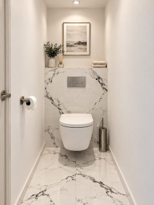 Photo de galerie - Rénovation et aménagement de WC modernes : installation de WC suspendus, habillage mural effet marbre, pose de carrelage et finitions soignées. Aménagement de sanitaires sur mesure pour un résultat moderne, propre et esthétique.