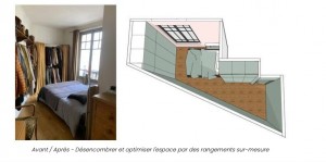 Photo de galerie - Vue 3D de la chambre refaite avec des meubles sur-mesure. On peut voir que la pièce totalement atypique est exploitée dans ses moindres recoins grâce aux meubles sur-mesure.
