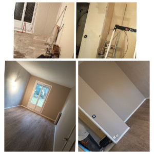 Photo de galerie - Rénovation d'une chambre 
comprenant pose d'un doublage ba 13, enduit, peinture, tapisserie et pose de parquet flottant 