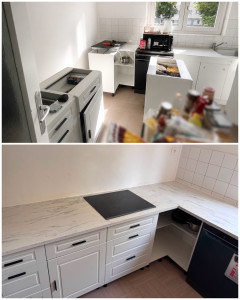 Photo de galerie - Rénovation cuisine – Avant / Après ?‍?✨ Transformation complète d’une cuisine : ✔️ Pose du plan de travail ✔️ Découpe pour plaque de cuisson ✔️ Installation et branchement de la plaque ✔️ Ajustement des meubles