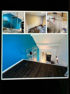 Photo de galerie - Réalisation isolation intérieur placage ba13 isolant mural sous pente pose de bandes enduit garnissage  