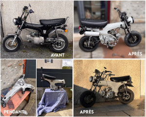 Photo de galerie - Rénovation complète d'un Honda Dax : démontage total, nettoyage, peinture époxy complète, contrôle moteur intégral, faisceau électrique réadapté. Remise aux normes pour le CT. Projet réalisé entièrement par mes soins, finition soignée.
