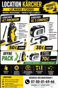 Photo de galerie - Location Kärcher K7 Premium & Shampouineuse SE 3 Compact – Le Mans (72000)
Je propose à la location du matériel Kärcher récent, propre et prêt à l'emploi.
? Kärcher K7 Premium
Idéal pour :
Terrasse
Façade
Dallage
Voiture
Moto
Clôture
✅ Produit nettoyant 