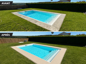 Photo de galerie - Transformation complète de l’ancien revêtement en moquette de pierre. Un rendu moderne, propre et esthétique qui donne une toute nouvelle allure à la piscine.