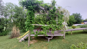 Photo de galerie - Terrain en pente sur lequel j'ai réalisé une terrasse surélevé en acier et bois, agrémenté de glycine et poirier.

