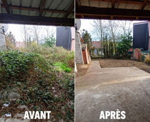 Photo de galerie - Debrousaillage complet et préparation du sol avant de semer du gazon.  
