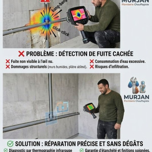 Photo de galerie - Dépannage Urgent 24h/7j : Intervention rapide pour fuites, débouchages et pannes de chauffage.

 Détection de Fuite par Caméra : Localisation précise sans casse grâce à la thermographie infrarouge