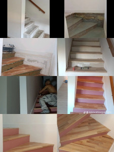 Photo de galerie - Dépose de moquette,traitement et ponçage avant pose parquet sur 90 m² de surface ainsi que la restauration entière de 15 marches d'escalier qui était en jonc de mer elles aussi.
Découpe des marches en bois de hêtre, vitrification,peinture contre-marches. 