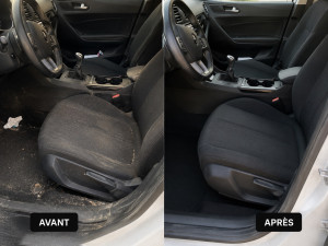 Photo de galerie - Avant / après d’une prestation de nettoyage intérieur de voiture. Je me déplace avec tout le matériel à votre domicile ou votre lieu de travail pour les lavages auto 