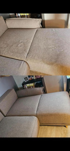 Photo de galerie - Canapé en tissu clair entièrement nettoyé par nos soins.
Avant intervention, le canapé présentait des taches visibles, des traces d’usure et un aspect terni lié à l’usage quotidien. Après nettoyage en profondeur, le tissu a retrouvé une couleur uniforme