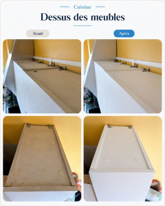 Photo de galerie - Dépoussiérage et nettoyage approfondi du dessus des meubles de cuisine.