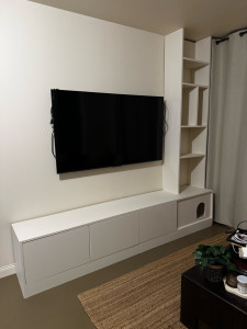 Photo de galerie - Meuble TV et colonne bibliothèque sur-mesure 
