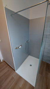 Photo de galerie - Pose de panneaux muraux de douche avec la robinetterie et barre d'appui.
Joints au silicone.
