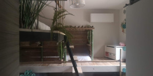 Photo de galerie - Conception et fabrication de lits cabane, matériaux de récupération, Lit suspendu avec des cordes, décoration bambous et fausses plantes 