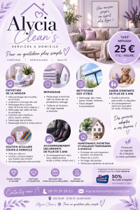 Photo de galerie -  Alycia Clean’s  Entreprise de nettoyage à domicile et professionnel.  Ménage, nettoyage en profondeur, vitres, repassage et entretien régulier ou ponctuel.  Oise & Val-d’Oise  Un service soigné, sérieux et adapté à vos besoins.