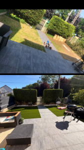 Photo de galerie - Taille de haie, terrassement et pose de gazon synthétique et décoration minérale 