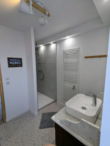 Photo de galerie - Pose carrelage douche, sol vinyle, radiateur sèche serviette, adaptation meuble + vasque