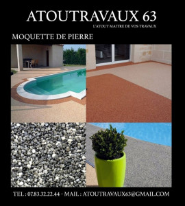 Photo de galerie - Moquette de pierre : pose intérieure et extérieure (terrasses, balcons, escaliers, entrées, garages), travail soigné et finitions durables.