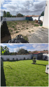 Photo de galerie - Réaménagement total d'un jardin en gazon synthétique, retravaille de tout le sol, sablage et géotextile, création de plusieurs bordures avec des plantes ayant besoin de peu d'arrosage.