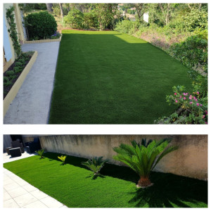Photo de galerie - Pose pelouse synthétique 
Plantation cyca