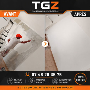 Photo de galerie - Préparation complète du support avant mise en peinture :
Protection de la zone de travail.
Application d'une sous-couche d'impression pour uniformiser le support.
Préparation du mur afin d'assurer une 
excellente adhérence de la peinture.
Finition propre 
