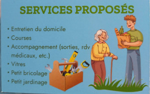 Photo de galerie - - Entretien du domicile 
- Courses
- Accompagnement (sorties, rendez vous médicaux,ect.)
- Vitres
- Petit Bricolage 
- Petit Jardinage 
