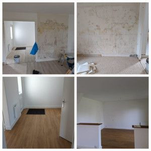 Photo de galerie - Suivi du petit chantier que j'ai réalisé.
préparation des supports ( ponçage, enduit, couche d'accroche et deux couches de peinture) .
enlèvement de l'ancien sol et la pose du nouveau sol .
