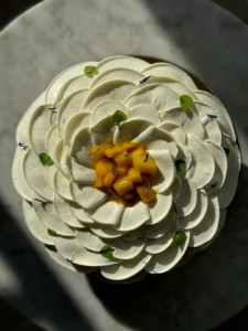 Photo de galerie - Tarte saveur coco, mangue et passion avec pochage fleur