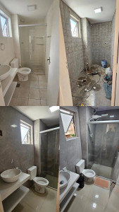 Photo de galerie - Rénovation complète d’une salle d’eau, carrelage marbre anthracite - blanc cassé sol 