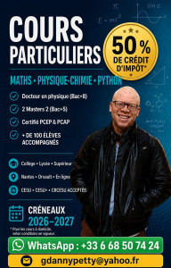 Photo de galerie - Docteur en physique (bac+8) et titulaire de deux masters, j’enseigne les mathématiques et la physique-chimie depuis 2011. J’ai accompagné plus d’une centaine d’élèves et possède également une expérience d’enseignement en école d’ingénieurs.