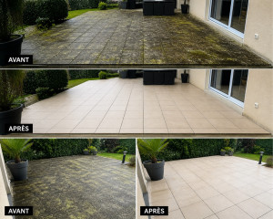 Photo de galerie - Terrasse – Avant / Après  Terrasse encrassée par les intempéries et dépôts. Un nettoyage efficace permet de retrouver une surface nette et propre.