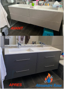 Photo de galerie - Montage du meuble double vasques  + fixation + installation de raccordement Sanitaire et d’Evacuation