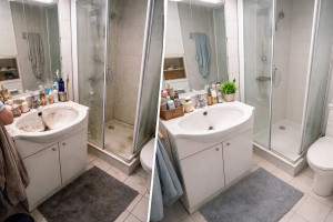 Photo de galerie - Avant / après nettoyage complet d’une salle de bain. Élimination du calcaire, des traces et des saletés sur le lavabo, la douche, les surfaces et les sols pour retrouver une pièce propre et saine.
