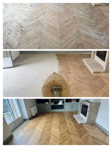 Photo de galerie - Ponçage et vitrification de parquet point de Hongrie. 
?Avant/Après ?: remise à neuf complète avec finition satinée.