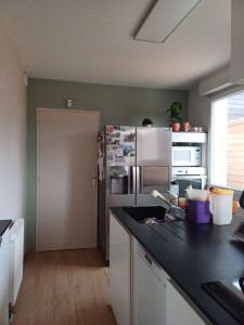 Photo de galerie - Application de peinture blanc cassée et vert dans une cuisine qui étais de couleur saumon avant mon passage 