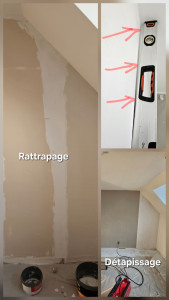 Photo de galerie - Détapissage complet, ratissage des défauts,  rattrapage de creux et de bosses de 15 mm par endroit du à une précédente pose placo douteuse puis mise en peinture mur et plafond.