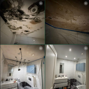 Photo de galerie - Rénovation plafond salle de bain : traitement moisissures, enduit et peinture anti-humidité soignée. #peinture #renovation #plafond #salledebain #enduit