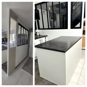 Photo de galerie - 1. Extension avec verrière
(rail, placo, bandes, enduit, ponçage,  peinture et finitions)
2. Déplacement de l'îlot central 