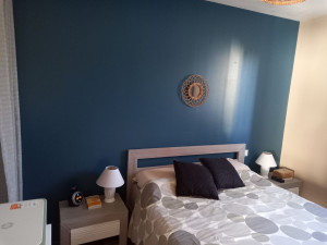 Photo de galerie - Un mur couleur bleu canard pour moderniser une pièce 