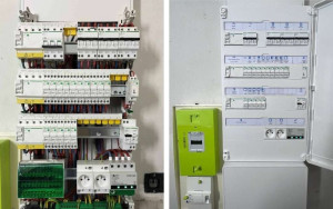 Photo de galerie - Remplacement complet d’un tableau électrique : dépose de l’ancien tableau, installation du nouveau tableau, raccordement des circuits et mise en sécurité de l’installation.