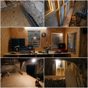 Photo de galerie - Pose de plancher OSB, montage cloison, fabrication plan de travail avec rangement et tiroirs .