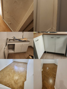 Photo de galerie - Démontage de meuble cuisine ancien  et Montage  meuble neuf, changement du parquet, réparations du mur dégradé.