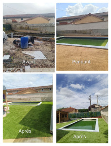 Photo de galerie - Création complète d'un espace détente avec piscine : terrassement, aménagement paysager et pose de gazon synthétique .