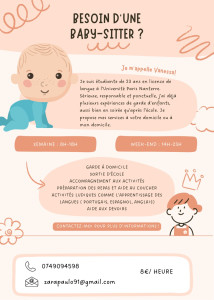 Photo de galerie - Je propose mes services de babysitting pendant les vacances scolaires et les week-ends. Étudiante sérieuse, responsable et attentive, je peux m’occuper de vos enfants en toute sécurité