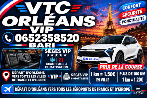 Photo de galerie - VTC VIP – ORLÉANS  Véhicule 2025, sièges VIP confortables et grand coffre pour plusieurs valises.  Orléans vers toute la France, l’Europe et les aéroports. Disponible 24h/24 – 7j/7. 1,50 €/km en ville 1,20 €/km plus  100 km Contact 0652358520