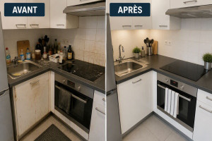 Photo de galerie - Avant / Après nettoyage complet d'une petite cuisine équipée 