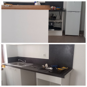 Photo de galerie - Montage meuble cuisine et pose sous évier pose Lino pose plan de travaille