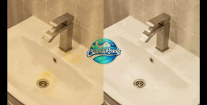 Photo de galerie - Nettoyage en profondeur de salle de bain.  Avant / Après : élimination du calcaire, nettoyage du lavabo et robinetterie brillante.  Résultat propre, hygiénique et comme neuf.