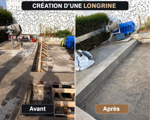 Photo de galerie - Création d’une longrine en béton armé avec préparation de l’emprise, ferraillage, coffrage et coulage du béton. Réalisation soignée afin d’obtenir un ouvrage solide, durable et parfaitement intégré à l’existant.